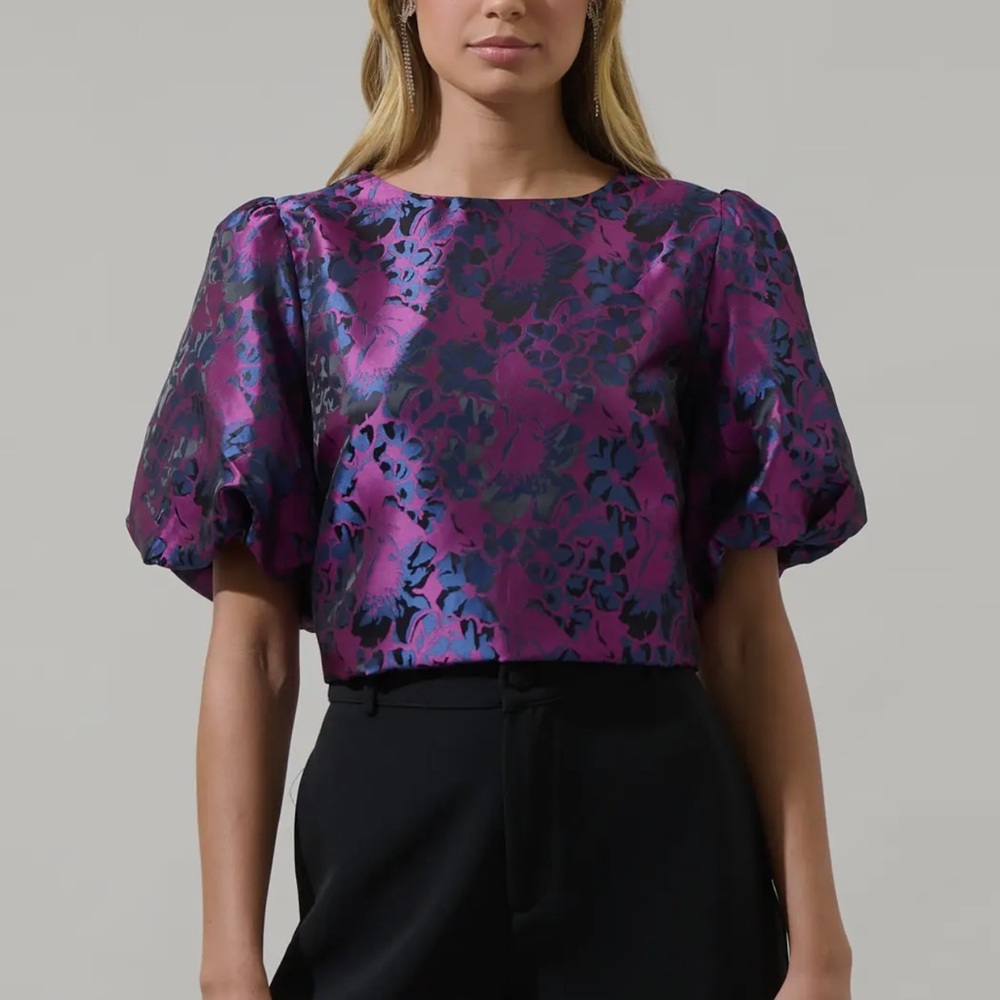 Sugarlips Floral Puff Sleeve Blouse - Purple and Black